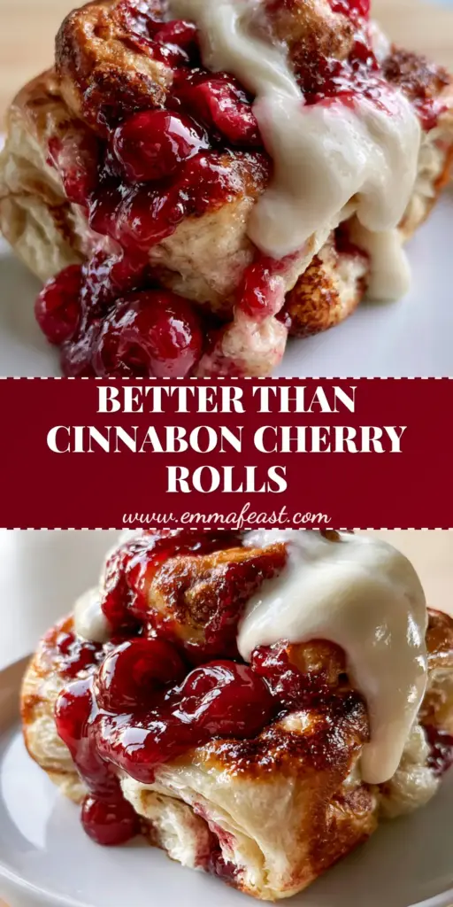 A stack of warm Cherry Cinnamon Rolls with vibrant red cherry filling oozing out and thick white cream cheese frosting.