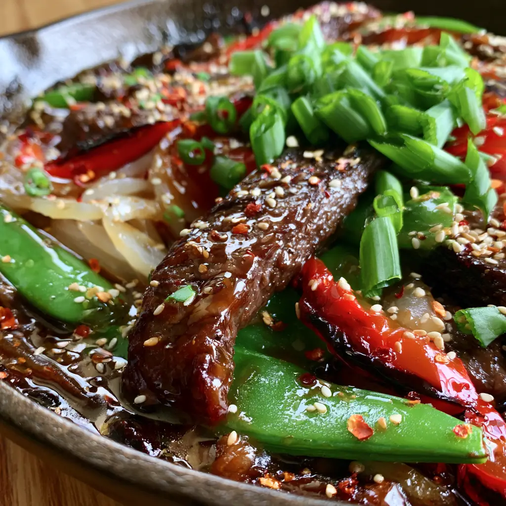 A top-down view of the cast iron pan showing charred red peppers and vibrant emerald snap peas.