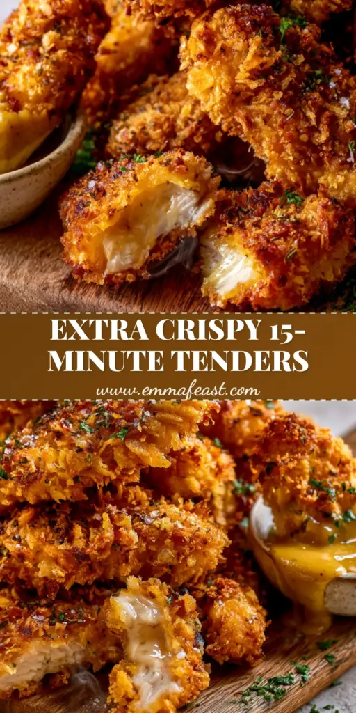 A tall stack of crispy panko-breaded chicken tenders on a wooden board with honey mustard sauce. (chicken tenders recipe)