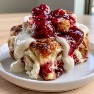 Macro eye-level photo of a single Cherry Cinnamon Roll with visible fluffy layers and glossy whole cherries dripping down.