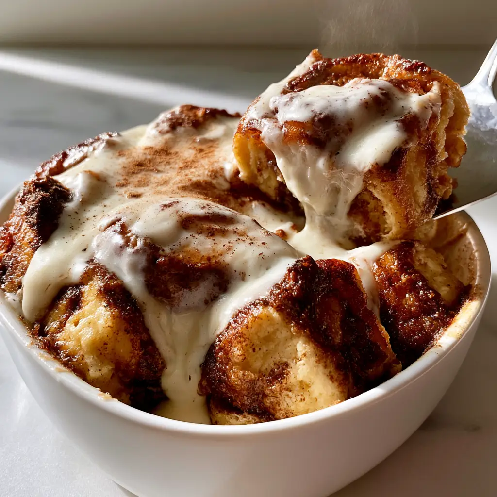 A silver server lifting a corner piece of Cinnamon Roll Breakfast Bake, revealing the soft interior and melting cream cheese icing.
