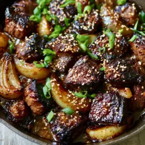 Top-down macro shot of seared steak bites and caramelized onions in a cast iron skillet (easy 4 ingredient recipe).