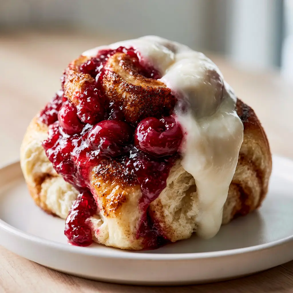 A warm cherry cinnamon roll on a white plate with thick cream cheese frosting melting into the golden-brown toasted edges.