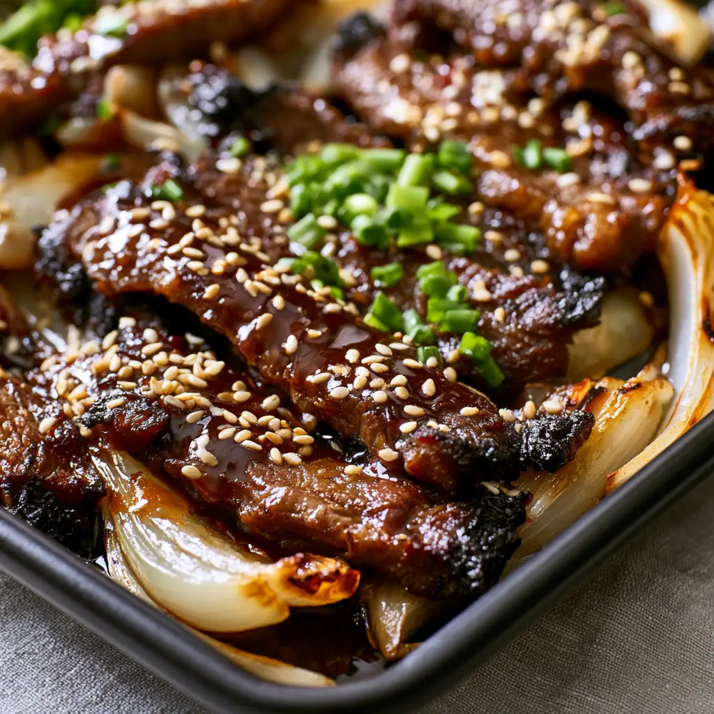 Translucent caramelized white onions mixed with seared beef strips on a light linen background.