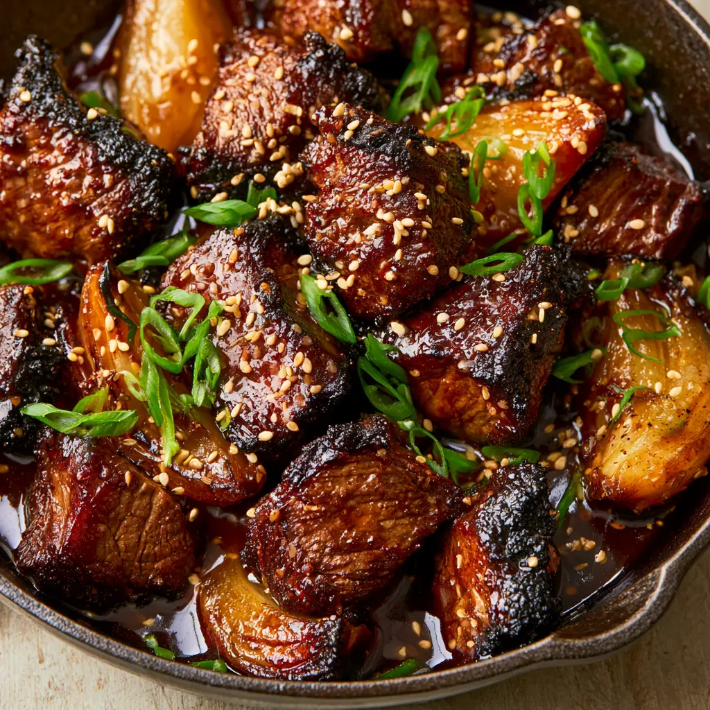 Macro view of glossy steak bites sprinkled with sesame seeds and scallions.