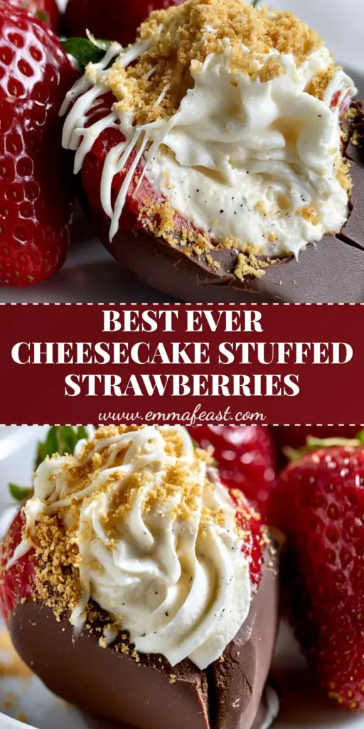 A tall vertical Pinterest pin showing Cheesecake stuffed chocolate covered strawberries with dark chocolate shells and white chocolate drizzle.