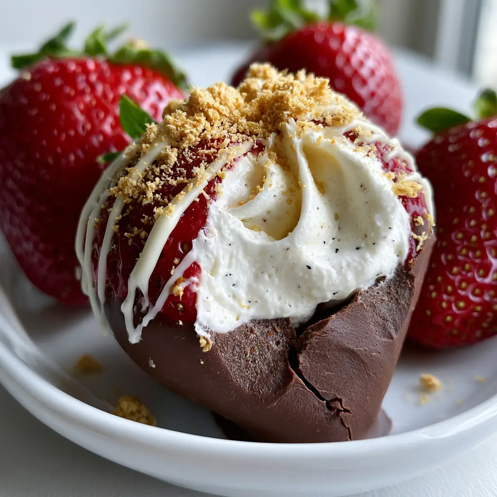 Extreme macro close-up of a halved Cheesecake stuffed chocolate covered strawberry showing vanilla bean specks in the filling.