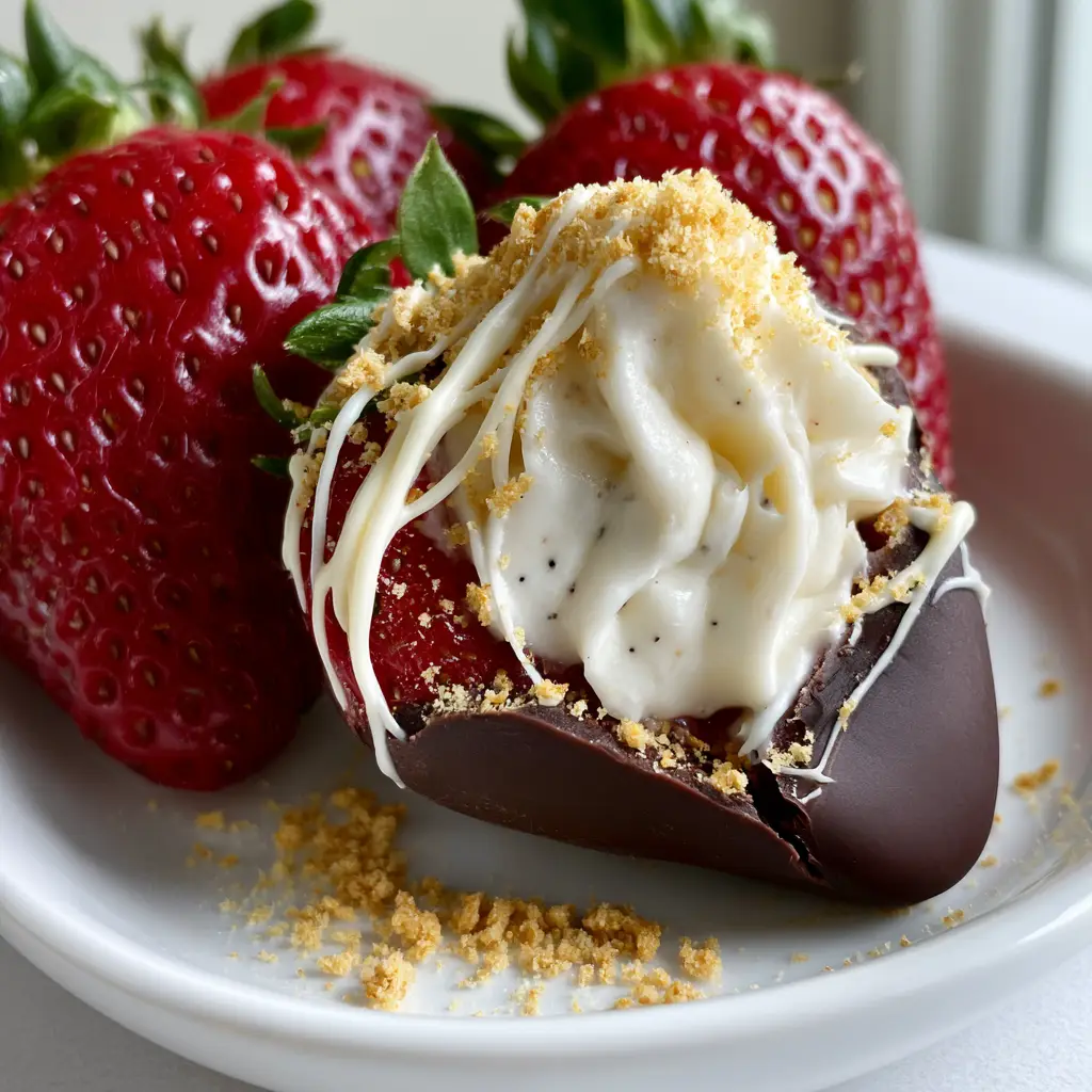 Three whole Cheesecake stuffed chocolate covered strawberries plated on a minimalist white ceramic dish with natural lighting.