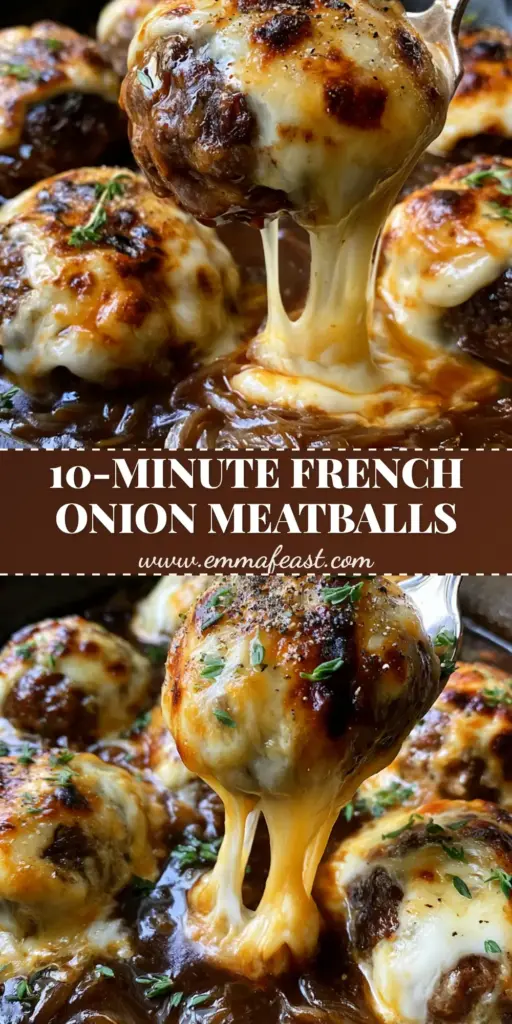 A silver spoon lifting a large seared beef meatball from a cast iron skillet, showing a thick stretchy cheese pull and mahogany onion gravy. (french onion meatballs)