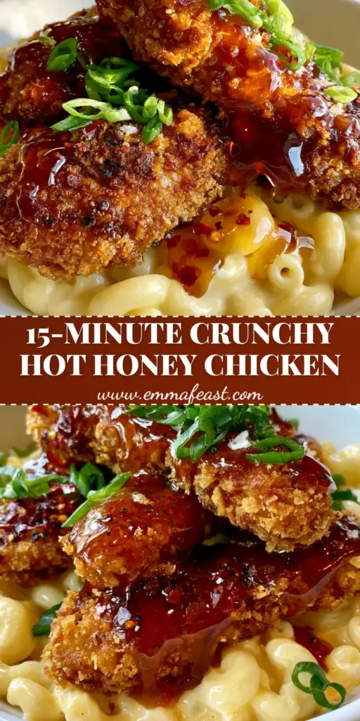 Hot Honey Chicken with Ultra-Creamy Cheddar Macaroni and Cheese 4 A close-up of air-fried Hot Honey Chicken tenders with a glossy amber glaze over creamy cheddar macaroni in a white bowl.
