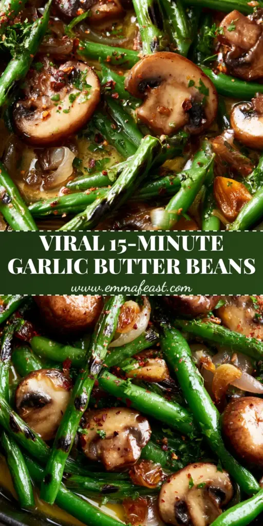 A close-up vertical shot of blistered Green Beans with Mushrooms in a garlic butter glaze, topped with red pepper flakes and parsley.