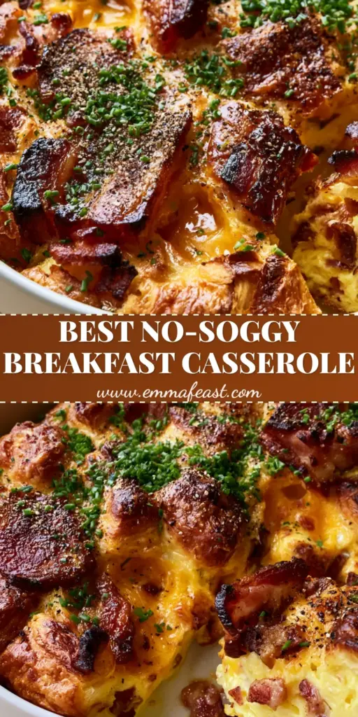 A close-up vertical shot of a bacon cheese breakfast casserole featuring golden-brown croissant crust, bubbling sharp cheddar, and crispy thick-cut bacon garnished with fresh chives.