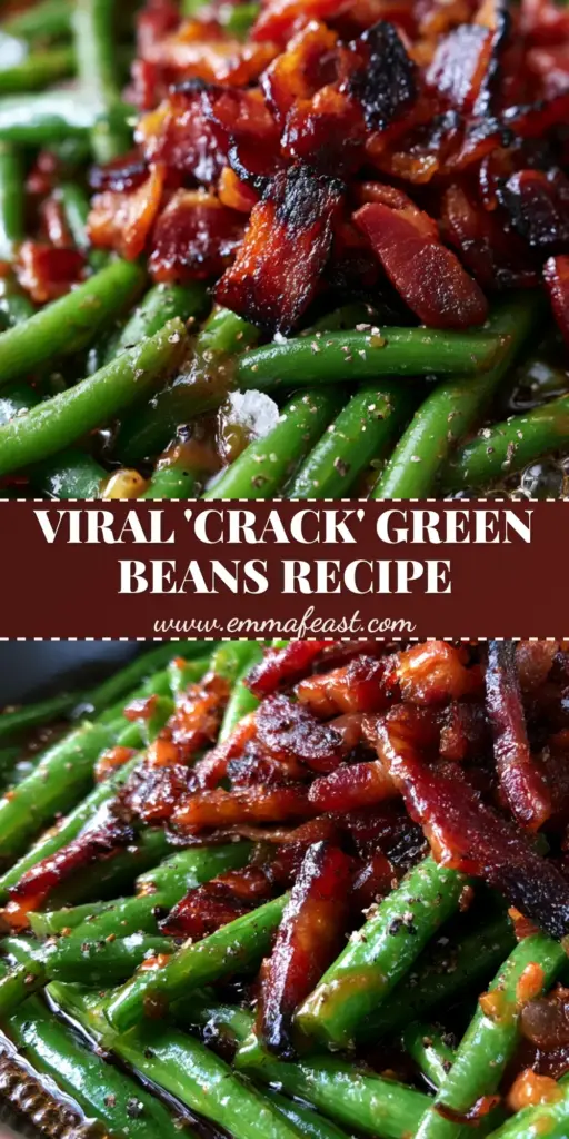 A close-up of Crack Green Beans in a dark ceramic dish featuring vibrant green beans, thick-cut crispy bacon, and a shimmering caramelized soy glaze.