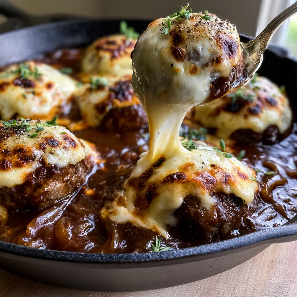 Detailed view of the mahogany caramelized onion gravy and toasted cheese spots on seared beef meatballs.