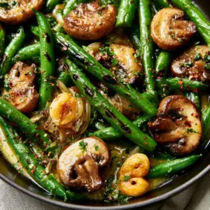 Top-down view of vibrant emerald Green Beans with Mushrooms seared in a black cast iron skillet.