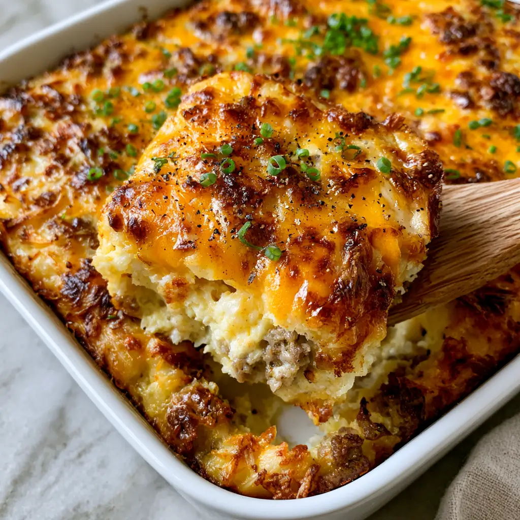 Close-up of molten sharp cheddar cheese and fresh chives on top of a sausage hashbrown breakfast casserole.