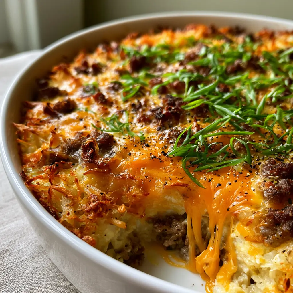 Smartphone photo of a serving of Breakfast Hashbrown Casserole being lifted to show gooey cheese strings.