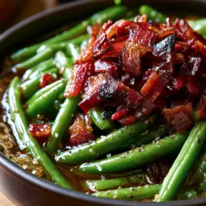 Extreme macro close-up of vibrant Crack Green Beans drenched in a bubbling brown sugar and soy glaze with charred bacon pieces.