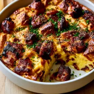 Top-down angled close-up of a bacon cheese breakfast casserole in a white ceramic dish with golden croissant pieces and fresh chives.
