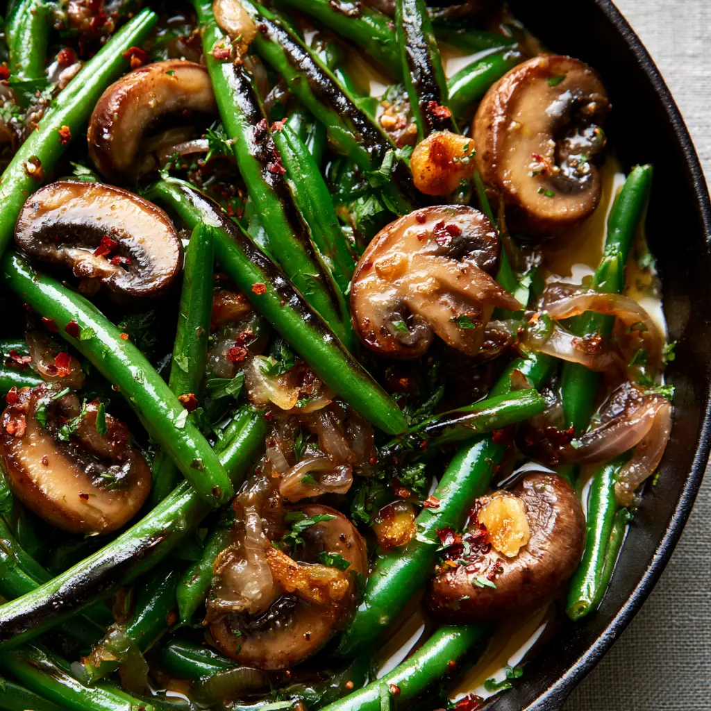 Close-up of the glossy butter emulsion on Green Beans with Mushrooms and toasted garlic.