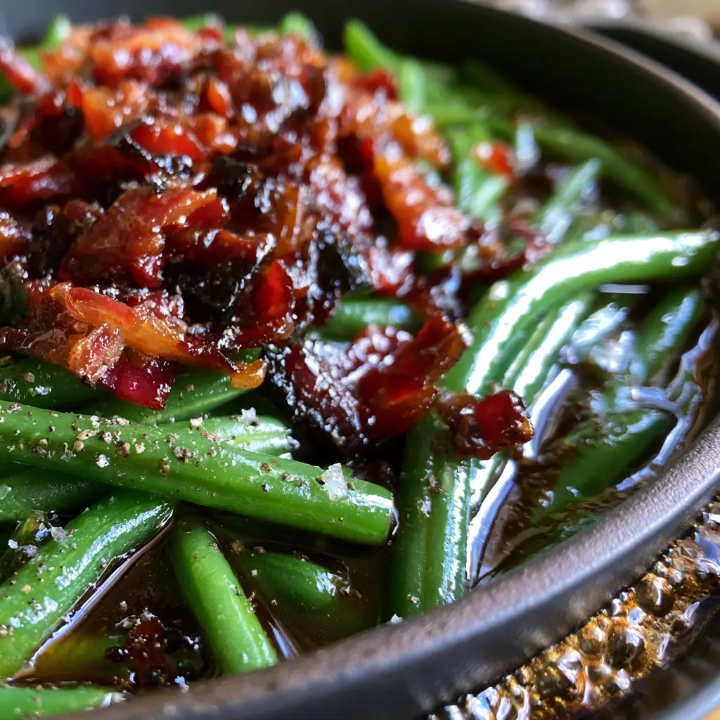 A top-down view of Crack Green Beans in a dark matte ceramic dish, showing visible granules of sea salt and cracked black pepper.