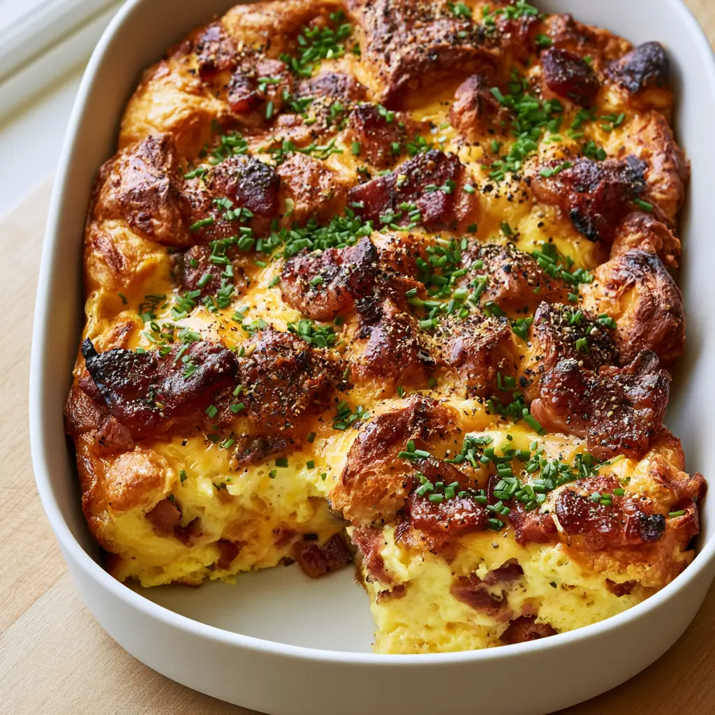 A slice of bacon cheese breakfast casserole being lifted, showing the fluffy yellow egg interior and melted cheese.