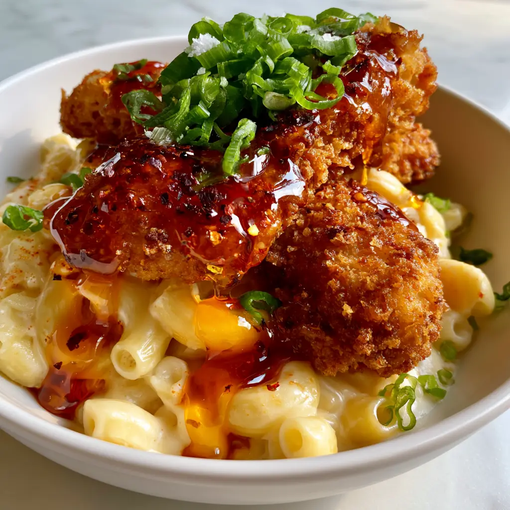 Hot Honey Chicken with Ultra-Creamy Cheddar Macaroni and Cheese 2 Golden-brown craggy chicken tenders drizzled with hot honey glaze over large elbow pasta in a white ceramic bowl. (Hot Honey Chicken)