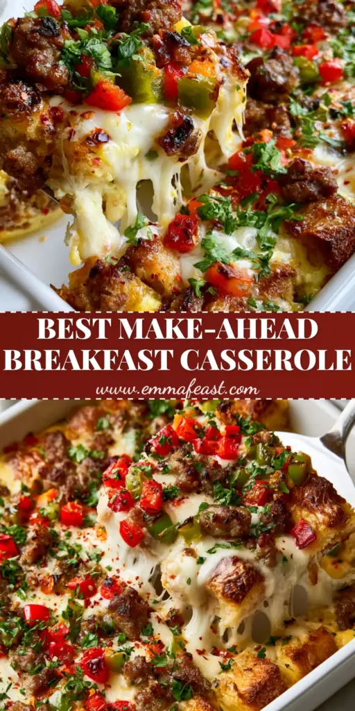 A close-up shot of an Italian breakfast casserole square being lifted with a spatula, showing a long mozzarella cheese pull and golden ciabatta bread.