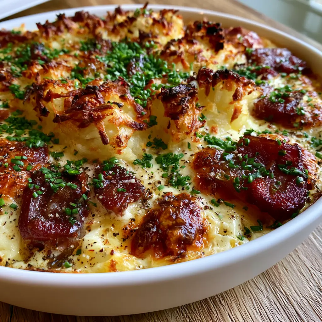 A top-down view of the bacon egg and hash brown casserole in a matte white ceramic dish garnished with fresh chives.