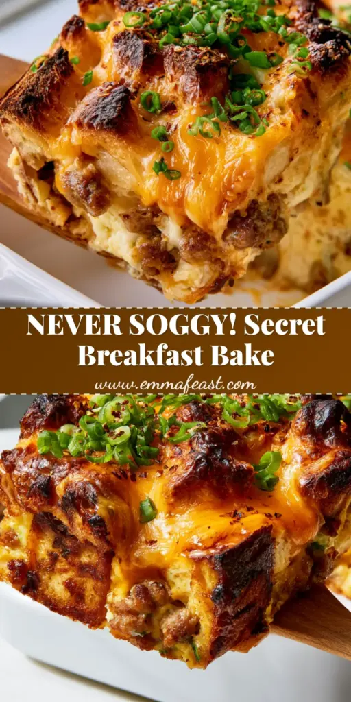A thick slice of make-ahead breakfast casserole with toasted sourdough and sausage being lifted from a ceramic dish showing golden cheese and scallions.