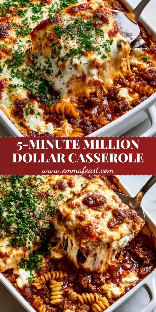 A close-up vertical shot of a Million Dollar Ground Beef Casserole featuring bubbling mozzarella cheese and a large spatula lift showing a stretchy cheese pull. (Casserole)