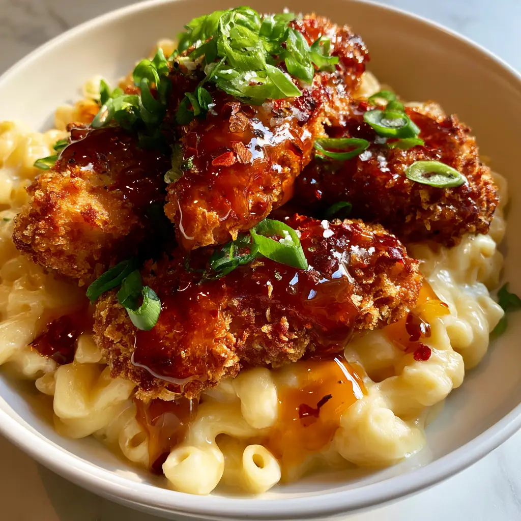 Hot Honey Chicken with Ultra-Creamy Cheddar Macaroni and Cheese 1 A handheld smartphone photo showing the translucent amber-red hot honey glaze pooling in the cheesy macaroni. (Hot Honey Chicken)
