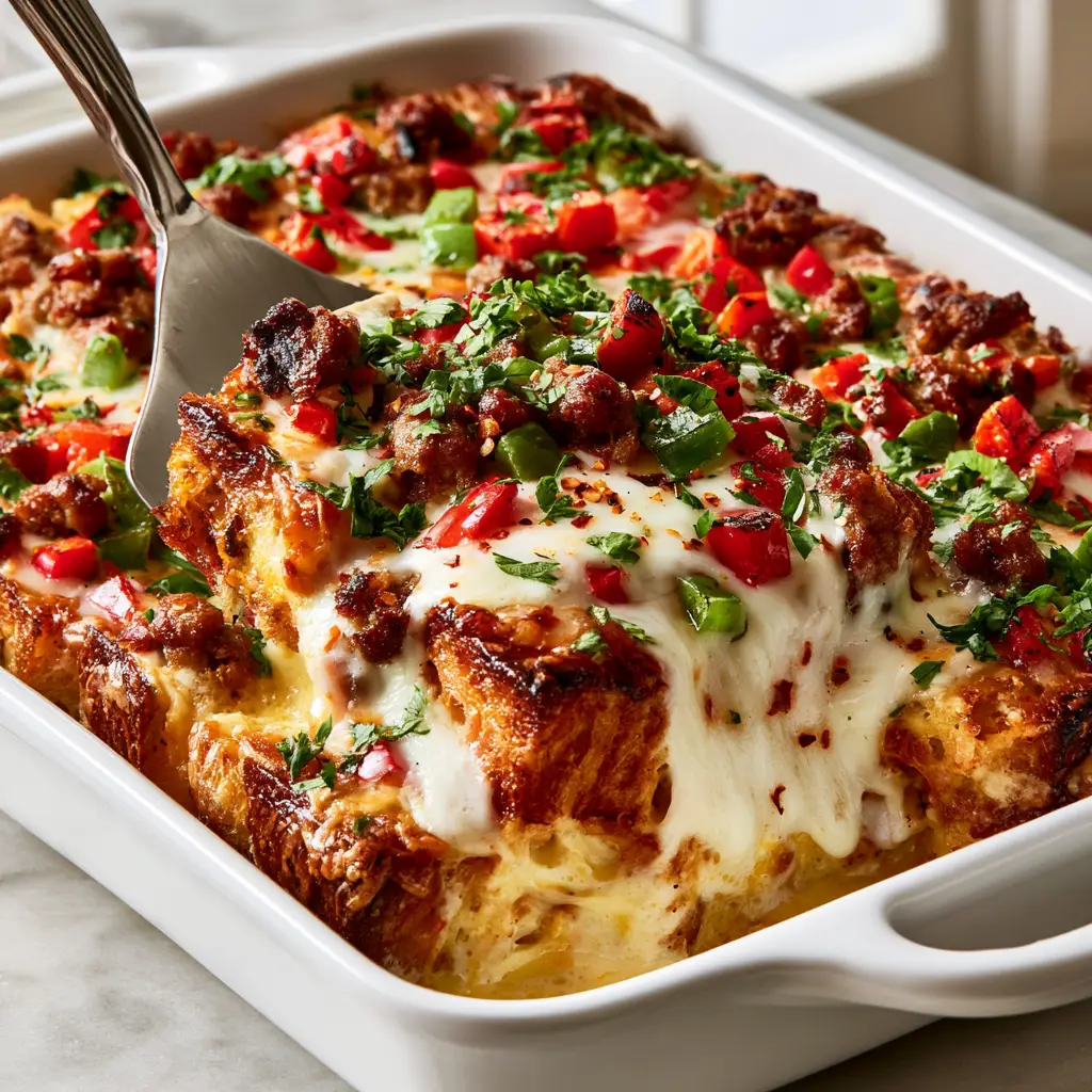 Spatula lifting a portion of Italian breakfast casserole with charred bell peppers and toasted ciabatta visible.