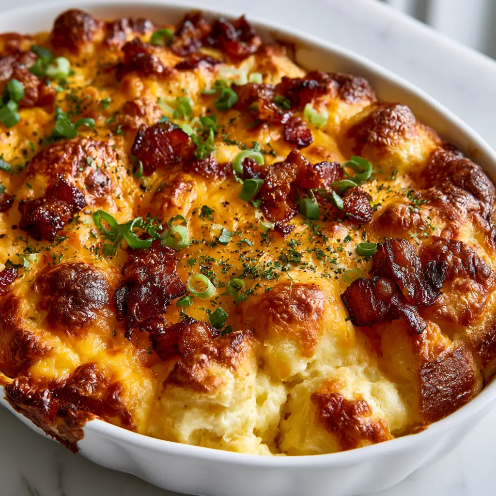 Overhead view of a finished Bacon Egg and Cheese Breakfast Casserole with fresh scallions and parsley flakes.