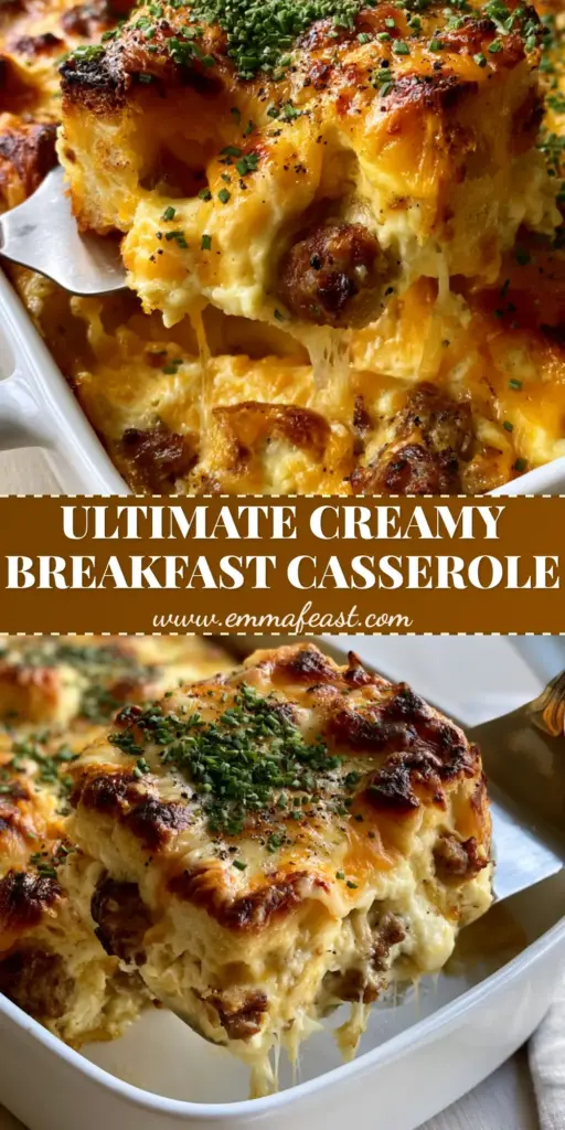 A golden-brown Creamy breakfast casserole in a white dish with a spatula lifting a square, showing melted cheese pulls and sourdough cubes.