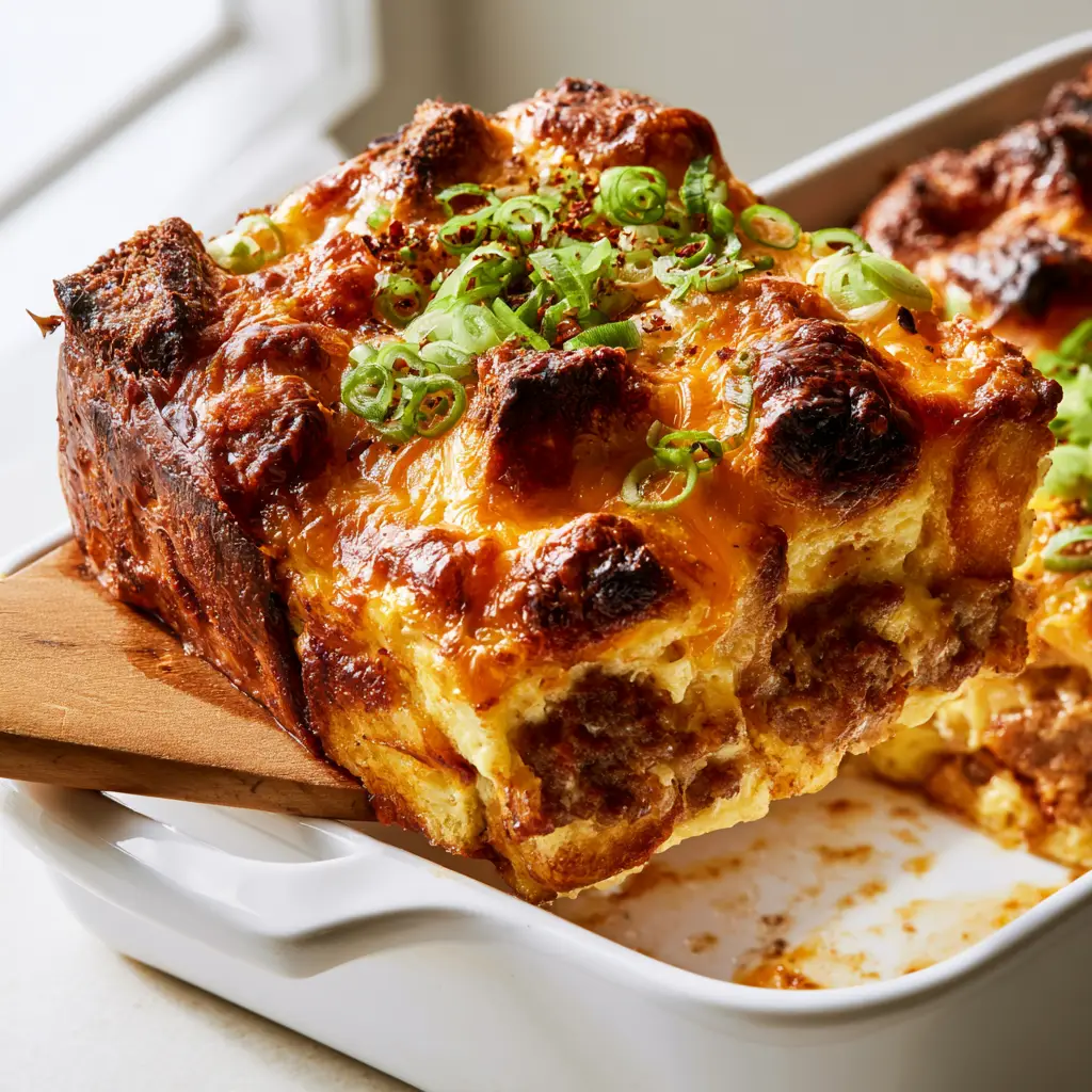A close-up shot of the top of a make-ahead breakfast casserole with charred sourdough edges and melted sharp cheddar cheese.