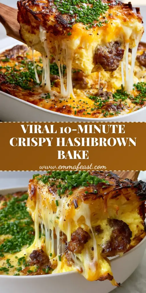 A wooden spatula lifting a square of cheesy hash brown breakfast casserole with a long stretchy cheese pull in a white ceramic dish.