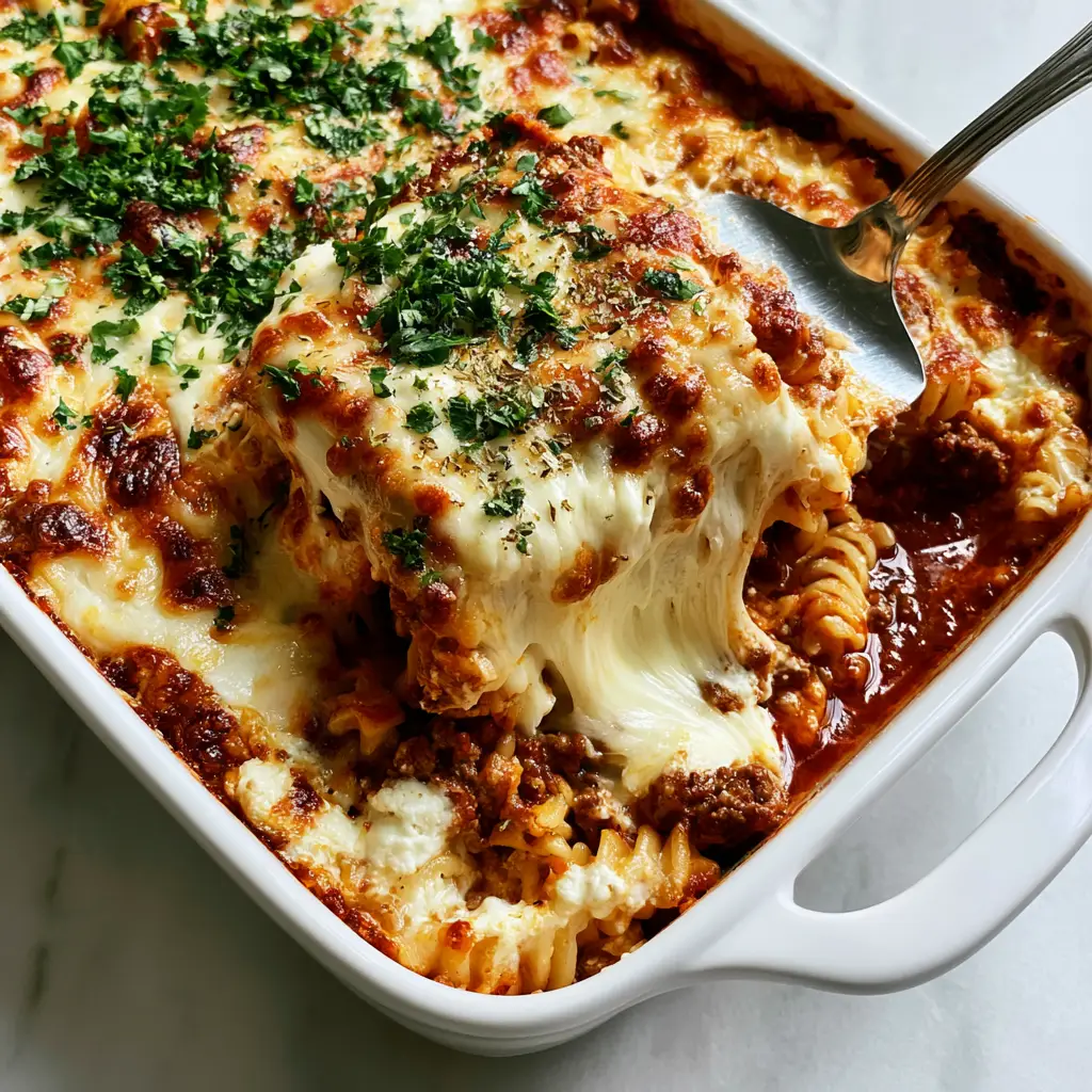 A detailed 45-degree angle shot showing the layers of rotini pasta, red marinara, and creamy white dollops of cheese in a Casserole.