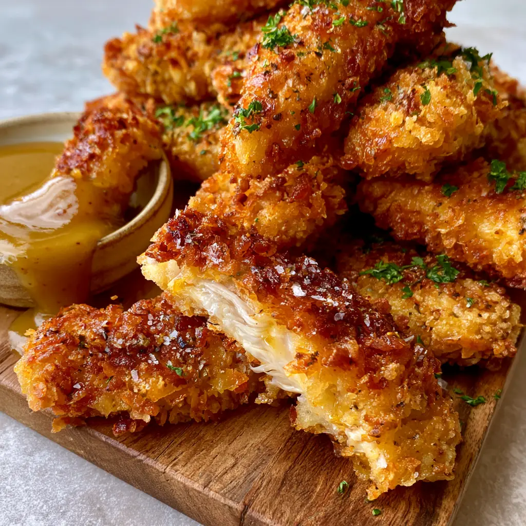 A broken chicken tender showing juicy white meat and steam rising. (chicken tenders recipe)