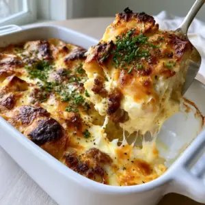 Wide shot of a golden-brown Creamy breakfast casserole with chives and cracked black pepper garnish.