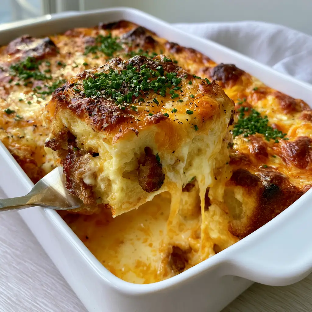 Extreme close-up of the Creamy breakfast casserole showing the moist interior, cream cheese ribbons, and seared maple sausage.