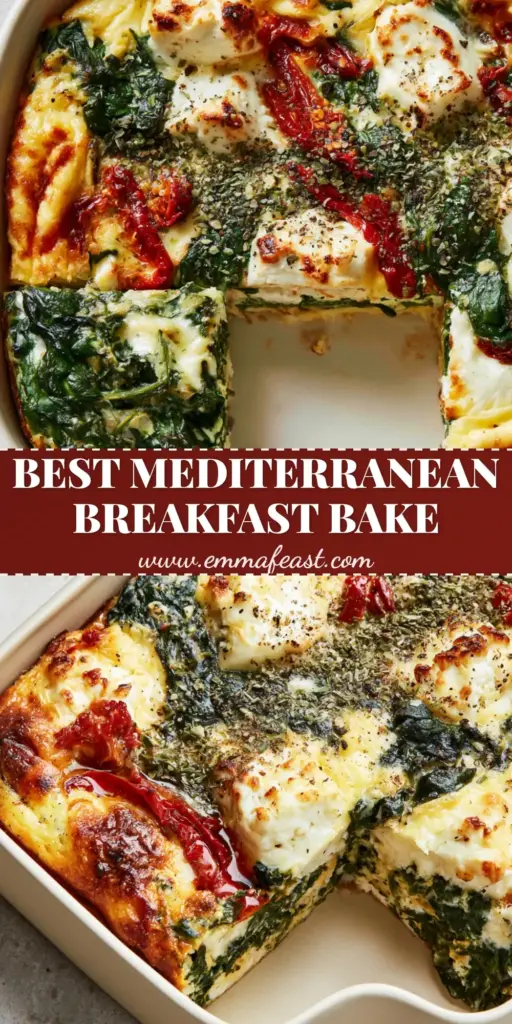 A vertical Pinterest pin showing a close-up of a Mediterranean breakfast casserole with golden edges, feta chunks, and sun-dried tomatoes.