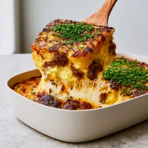 Overhead view of a gourmet cheesy hash brown breakfast casserole with deep golden-brown crispy edges and fresh chives.