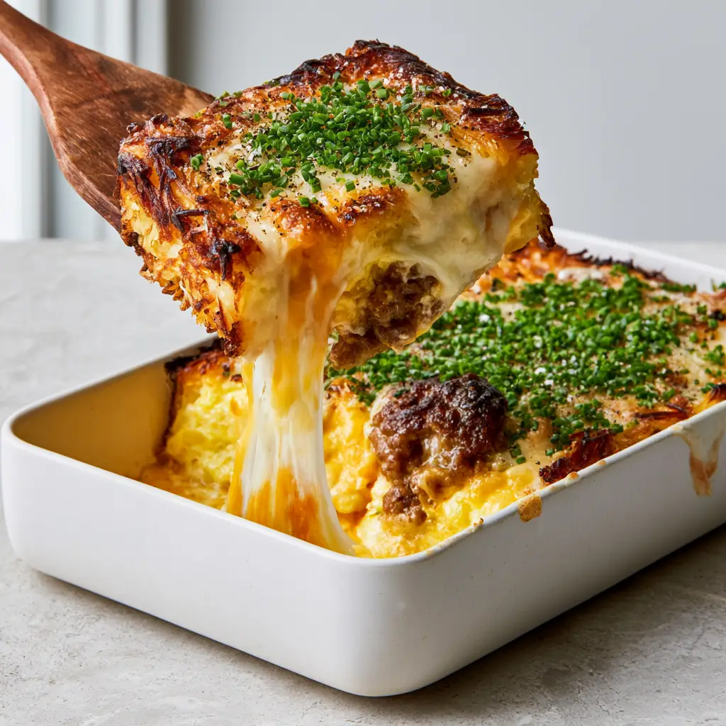 Close up shot of fluffy eggs, seared pork sausage crumbles, and melted cheddar inside a cheesy hash brown breakfast casserole.