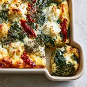 Top-down macro shot of a Mediterranean breakfast casserole in a cream dish featuring souffled eggs and vibrant spinach.