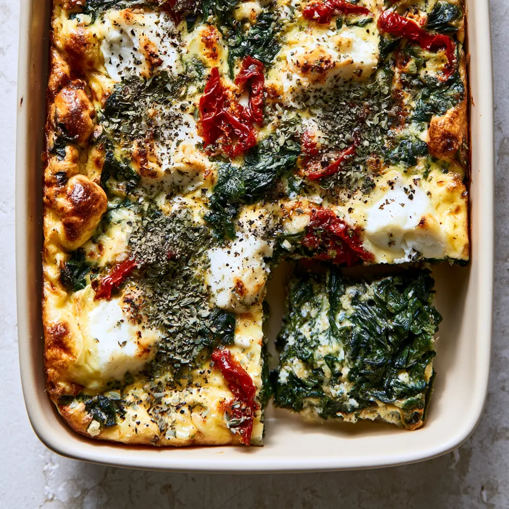 A close-up of a Mediterranean breakfast casserole square slice showing the layers of feta, spinach, and sun-dried tomatoes.
