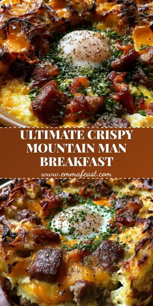 A rustic ceramic slow cooker filled with Mountain Man Crock Pot Breakfast featuring a crown of crispy golden-brown shredded hashbrowns and a runny egg yolk center.