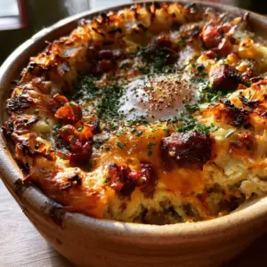 Close-up of the layers in a Mountain Man Crock Pot Breakfast showing fluffy eggs, melted sharp cheddar cheese, and charred bacon bits.