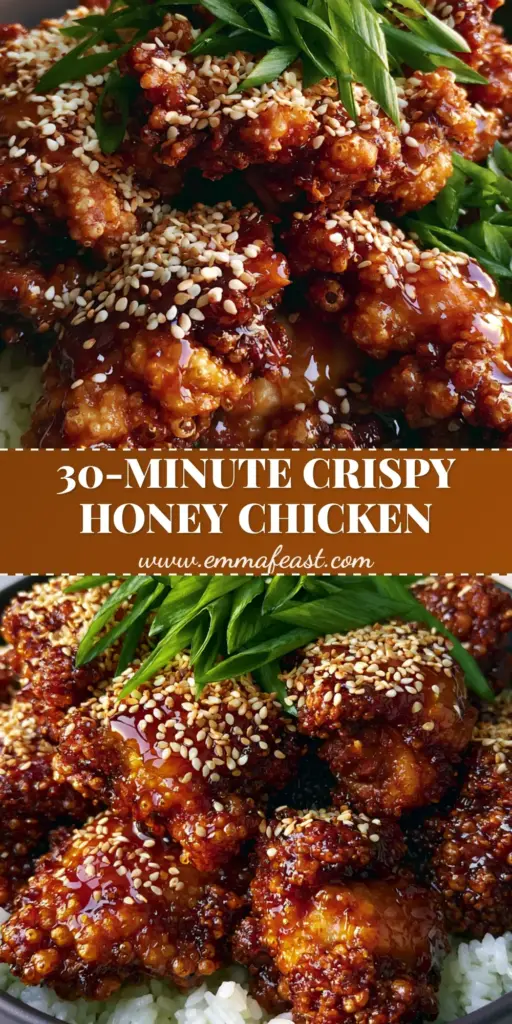 Chinese Honey Chicken: The Ultimate Crispy Takeout Secret 4 A vertical eye-level macro photo of Chinese Honey Chicken in a charcoal bowl with sesame seeds and scallions over jasmine rice.