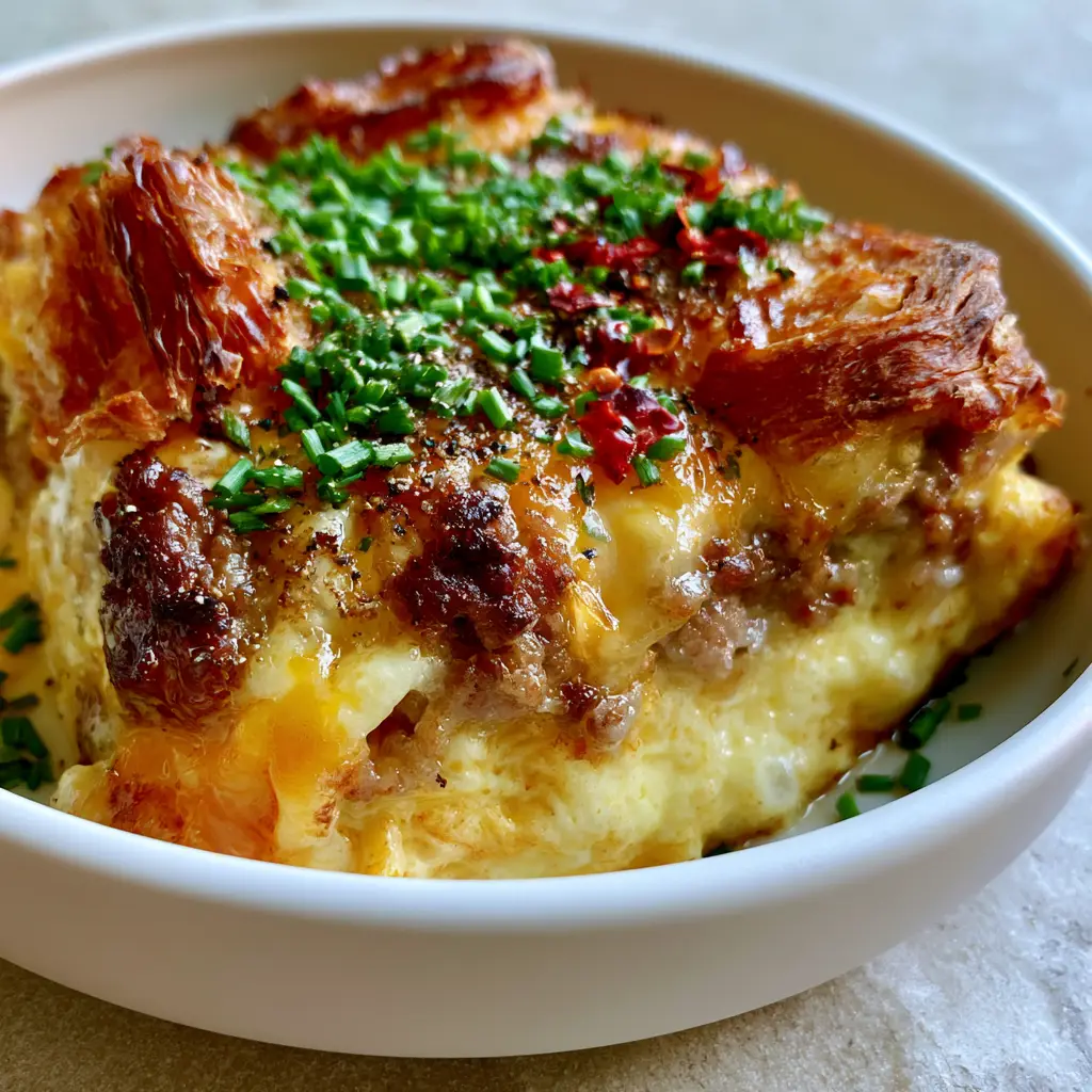 Overhead view of a thick slice of Croissant bake breakfast casserole garnished with chives and red pepper flakes.